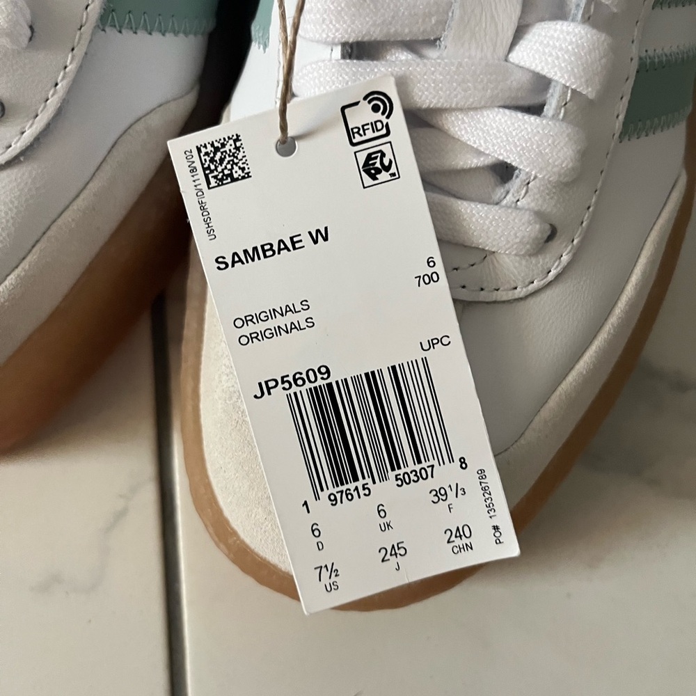 Adidas Women’s Samba White and Teal Sneakers with Gum Sole - Picture 4 of 9